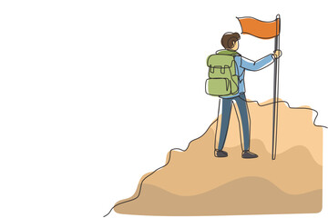Single continuous line drawing cheerful man climber standing on the top of mountain with flag. Young smiling mountaineer climbing on a rock. Dynamic one line draw graphic design vector illustration