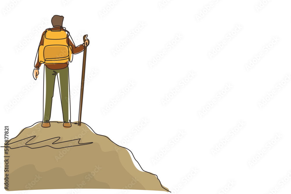 Poster continuous one line drawing hiker with backpack on top of mountain. trekking man simple sketch. happ