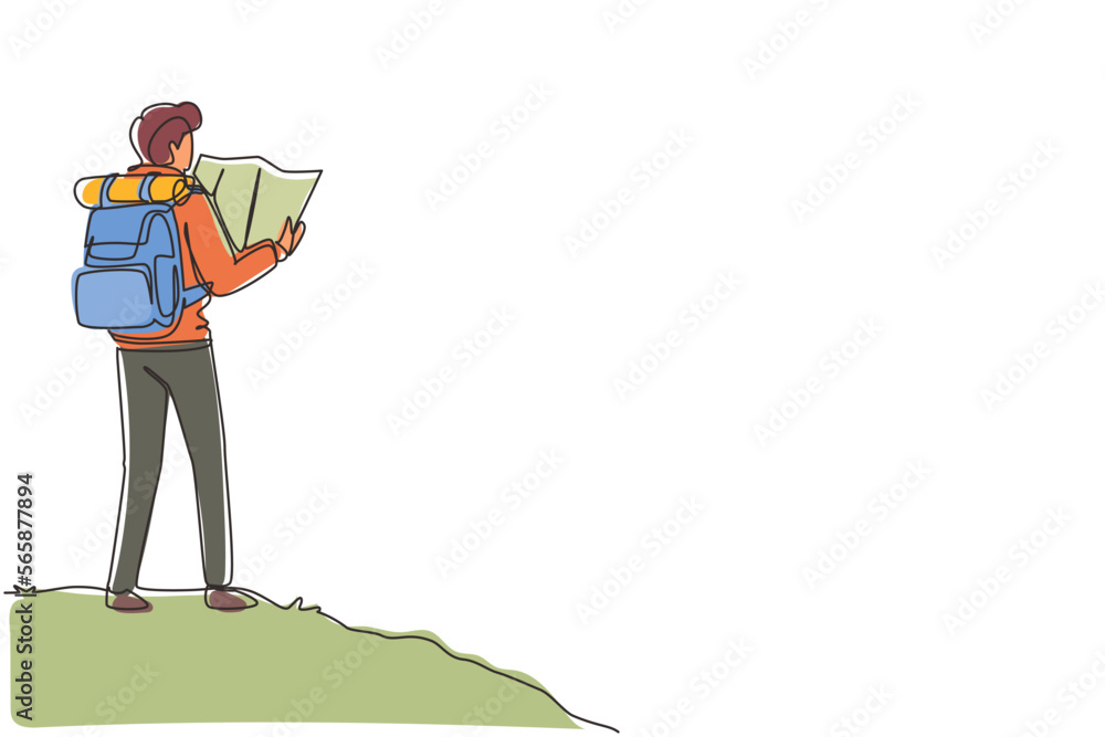 Poster single continuous line drawing man hiker with backpack and map hiking in mountains or forest and exp