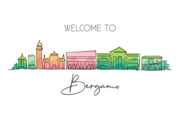 Single continuous line drawing Bergamo city skyline, Italy. Historical town landscape in world. Best holiday destination wall decor. Editable stroke trendy one line draw design vector illustration