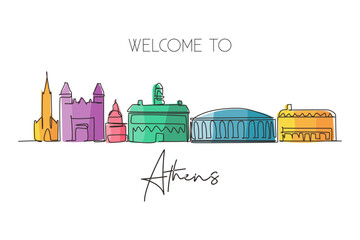 Single continuous line drawing Athens city skyline, Ohio. Famous city scraper landscape. World travel home wall decor art poster print concept. Dynamic one line draw graphic design vector illustration - obrazy, fototapety, plakaty