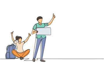 Continuous one line drawing hitchhiking men and women with luggage and thumbs up waiting for car by roadside. Adventure travel, road trip, tourism. Single line draw design vector graphic illustration