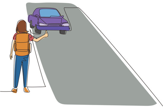 recommend clip art: Single one line drawing woman with backpack traveling by auto stop. Car, thumb up, road. Vacation and trip concept for banner, website. Modern continuous line draw design graphic vector illustration