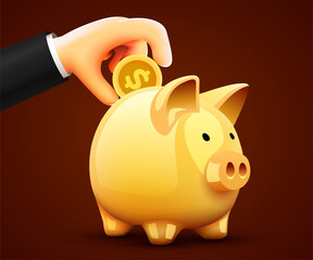 Hand puts coin in a piggy bank. Symbol of profit and growth. Investment and savings.