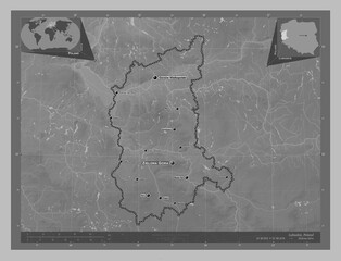 Lubuskie, Poland. Grayscale. Labelled points of cities