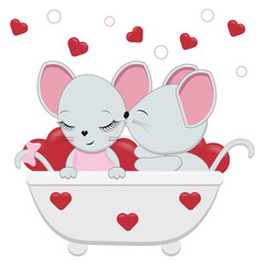 Two cartoon mice in love in a bathtub filled with red hearts.