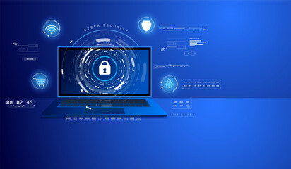 Blue abstract of laptop data security protection concept. Online wifi, shopping, anti virus protection processing system. Cybersecurity with hud UI system interface vector.