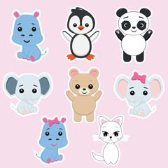 Collection of cute animals characters. Stickers. Animal cartoon flat style. Vector illustration design template.