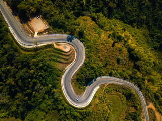 Top view Aerial photo from flying drone over Mountains and winding mountain paths exciting steep at Phu Kao Ngom,Na Haeo City,Loei Province,Thailand,ASIA.