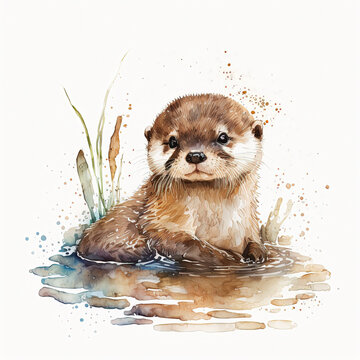 Watercolor otter illustration isolated on white background. Ai generated