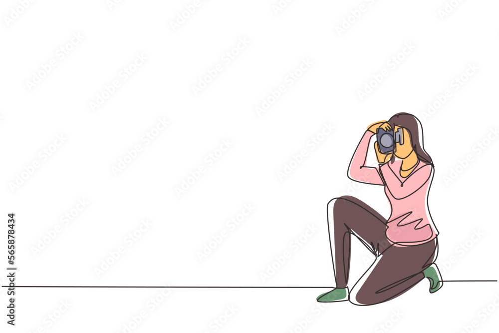Poster continuous one line drawing happy photographer is taking photo using dslr camera. female character s