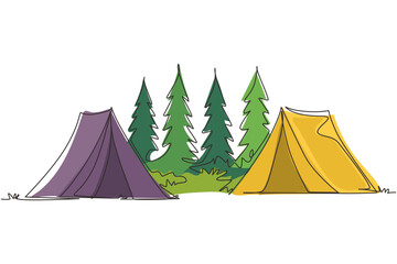 Continuous one line drawing two tents camping tourist pine forest mountain expedition. Travel, adventure, nature, expedition and vacation concept. Single line draw design vector graphic illustration