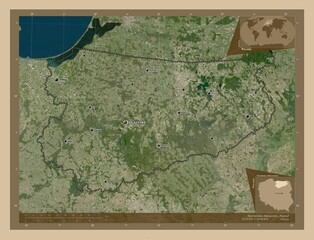 Warminsko-Mazurskie, Poland. Low-res satellite. Labelled points of cities