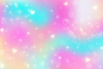 Fototapeta na wymiar Rainbow unicorn fantasy background with stars and hearts. Holographic illustration in pastel colors. Bright multicolored sky. Vector.