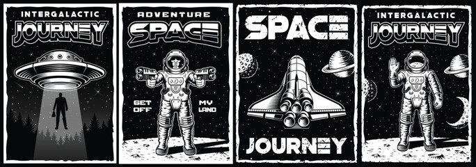 Black and white set of a UFO posters in vintage style with space shuttle, astronaut, flying saucer. This design can also be used as a t-shirt print.