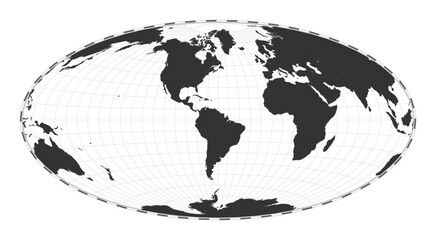 Vector world map. Aitoff projection. Plain world geographical map with latitude and longitude lines. Centered to 60deg E longitude. Vector illustration.