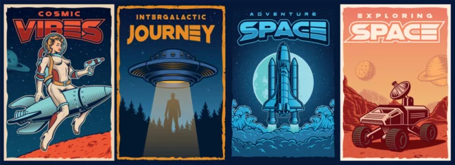 Poster Set of vintage space posters with pin up girl astronaut, UFO, space rover, shuttle. This design can also be used as a t-shirt print.  © Harry Kasyanov