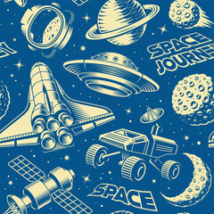 Space seamless background in vintage style with design elements such as asteroid, space rover, planets, astronaut helmet, satellite, flying saucer