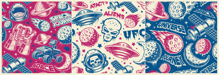 Set of space seamless backgrounds with design elements such as flying saucer, alien, planets, space satellite, space rover, skull astronaut, rocket engine, asteroid