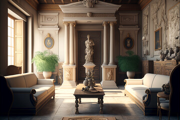 Interior classic luxury living room high ceiling in modern classic style with classic sculpture 