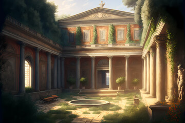 Roman Ancient Home interior with fresco paint on wall court garden