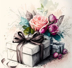 Beautiful gift boxes with bows and flowers, colorful illustration