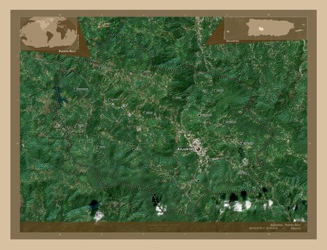 Adjuntas, Puerto Rico. Low-res satellite. Labelled points of cities
