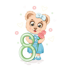 A cute bear with flowers and number 8