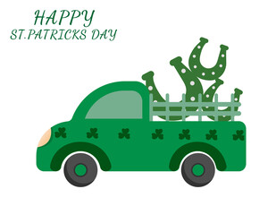 green car with silhouettes of clover and a horseshoe, the inscription happy st patrick's day