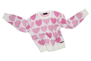 White knitted sweater, as if dancing, with a pattern of pink hearts, isolate