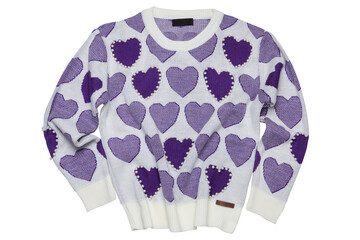 White knitted sweater with lilac hearts and pearls, on a white background, isolate