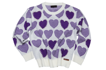White knitted sweater with lilac hearts and pearls, on a white background, isolate