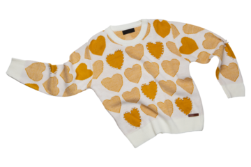 White knitted sweater, as if showing sleeves to the side, with a pattern of yellow hearts, on a white background, isolate