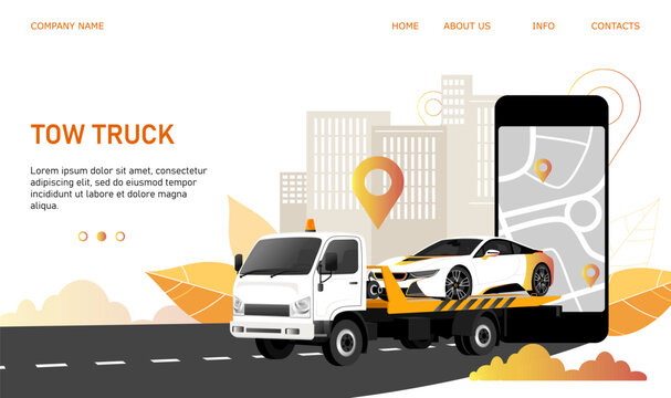 Towing service concept banner. White sport car with damaged engine transportation by tow truck. Smartphone with insurance application and select address workshop center on display. Vector illustration