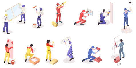 Set of repairman character icons for home renovation in 3d isometric view. Professional workers in uniform repairmen plumber, painter, specialist of installing, electrician, tiler. Vector illustration