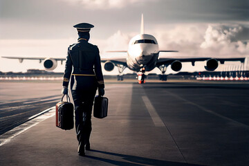 Pilot mit Koffer am Flughafen auf dem Weg zum Flugzeug - Generative Ai