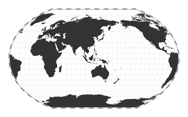 Vector world map. Kavrayskiy VII pseudocylindrical projection. Plain world geographical map with latitude and longitude lines. Centered to 120deg W longitude. Vector illustration.