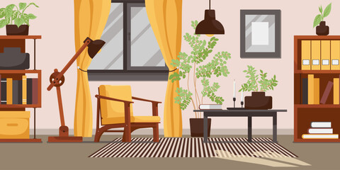 Lounge room interior banner. Modern cozy apartment style with furniture, sofa, armchair and floor plant, lamp near bookshelf. Yellow color design in comfortable hotel room. Flat Vector illustration