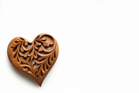 Liebe: Ein Herz aus Holz mit Verschnörkelungen im linken unteren Bereich auf hellem Hintergrund für Valtentinstag.
