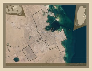 Ad Dawhah, Qatar. High-res satellite. Labelled points of cities