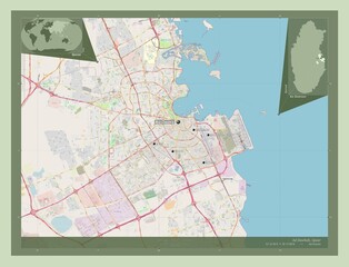 Fototapeta na wymiar Ad Dawhah, Qatar. OSM. Labelled points of cities