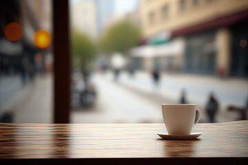 Tabletop, coffee shop, background. Generative AI.
