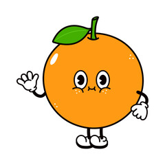 Cute funny orange fruit waving hand character. Vector hand drawn traditional cartoon vintage, retro, kawaii character illustration icon. Isolated on white background. Orange fruit character concept