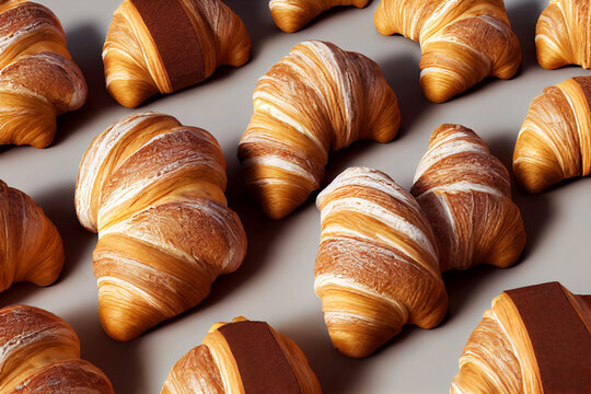 top view bakery of delicious croissant , generative art by A.I.