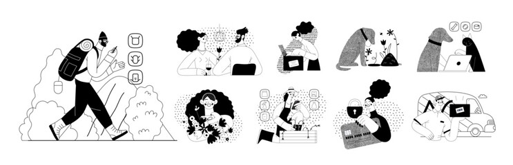 Online shopping and electronic commerce illustrations set - modern flat vector concept illustration of people and objects on online shopping. Promotion, discounts, sale and online orders concept