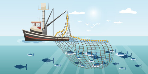 Commercial fishing ship with full fish big net. Cartoon fishing boat working in sea or ocean catching by seine seafood tuna, herring, sardine, salmon. Industry vessel in seascape. Vector illustration - obrazy, fototapety, plakaty