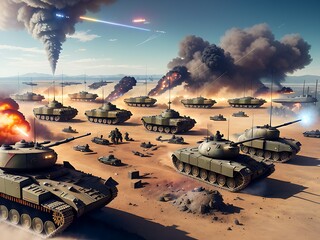 Aerial shot of a battlefield, tanks and soldiers in the foreground, generated by generative ai