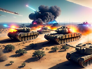 Aerial shot of a battlefield, tanks and soldiers in the foreground, generated by generative ai