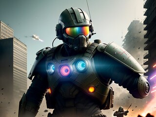 Action-packed scene of a fully equipped soldier ready for battle in the middle of a war-torn city generated by generative ai
