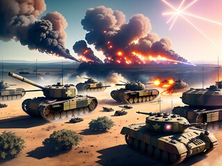 Aerial shot of a battlefield, tanks and soldiers in the foreground, generated by generative ai